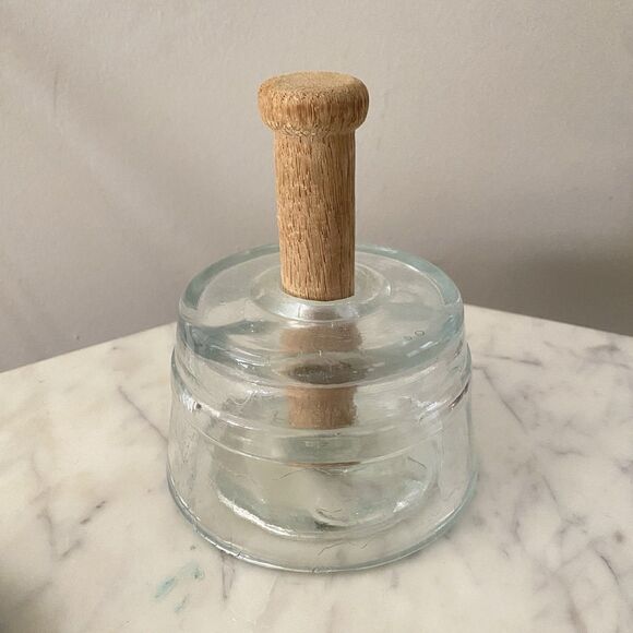 Vintage Glass Butter Press Butter Mold with Wood Handle and Cow Stamp - Picture 1 of 5